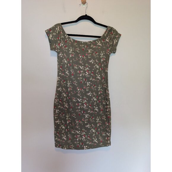 Floral Print Olive Green Bodycon Dress By Justify Milkmaid Puff Sleeve Large - Picture 2 of 4